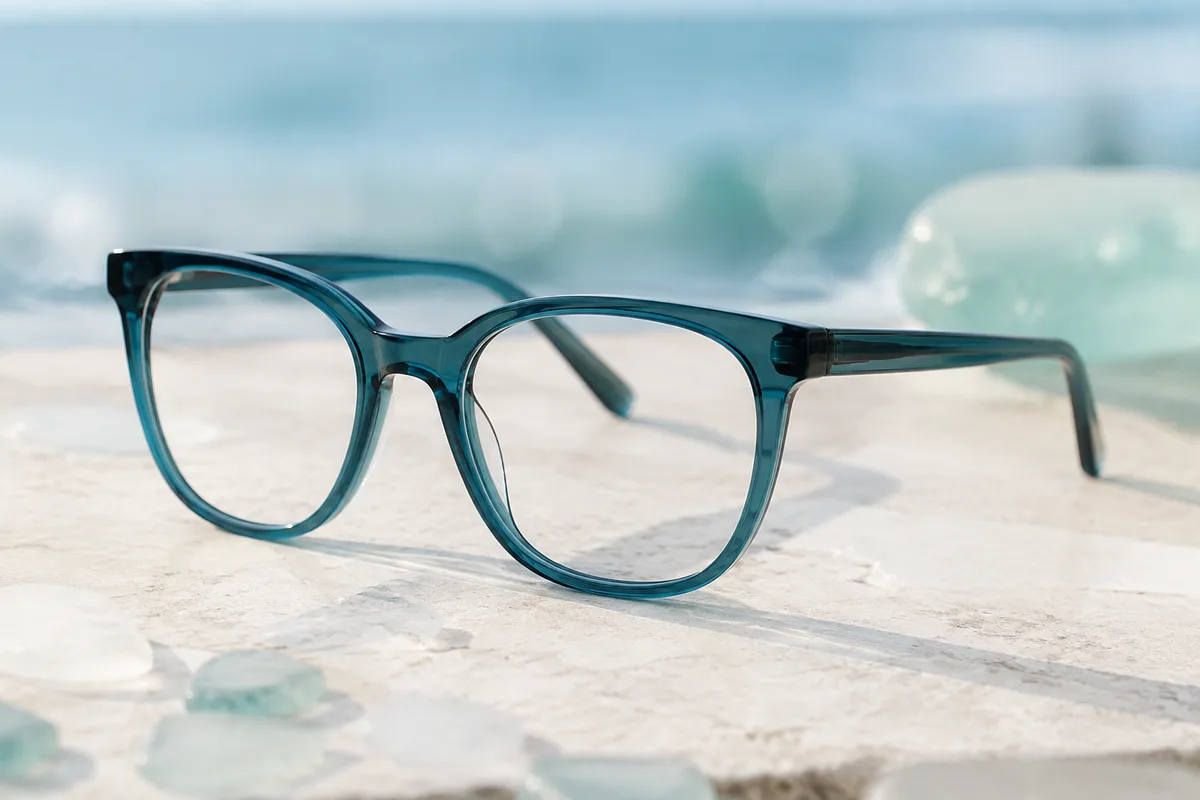 Deep teal eyeglass frames on a pale sea-glass surface
