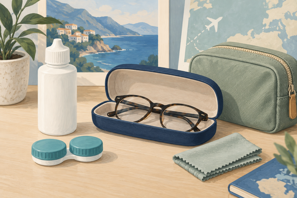 A closed contact-lens case, solution bottle, backup glasses and travel pouch.
