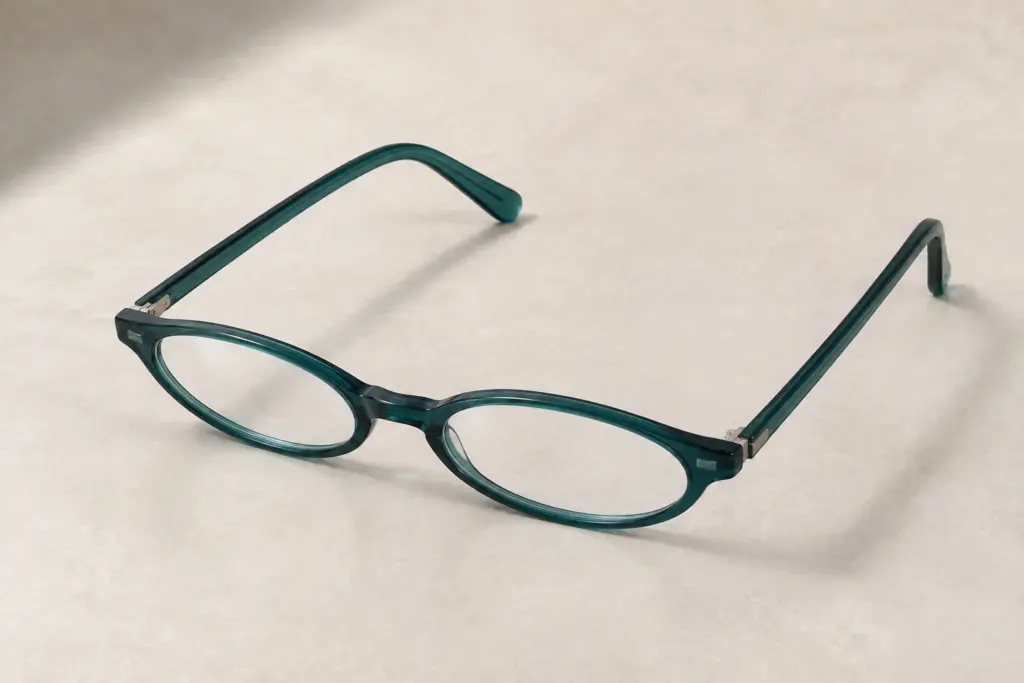 AI-generated image of teal eyeglasses with elongated oval lenses and two fully open temple arms